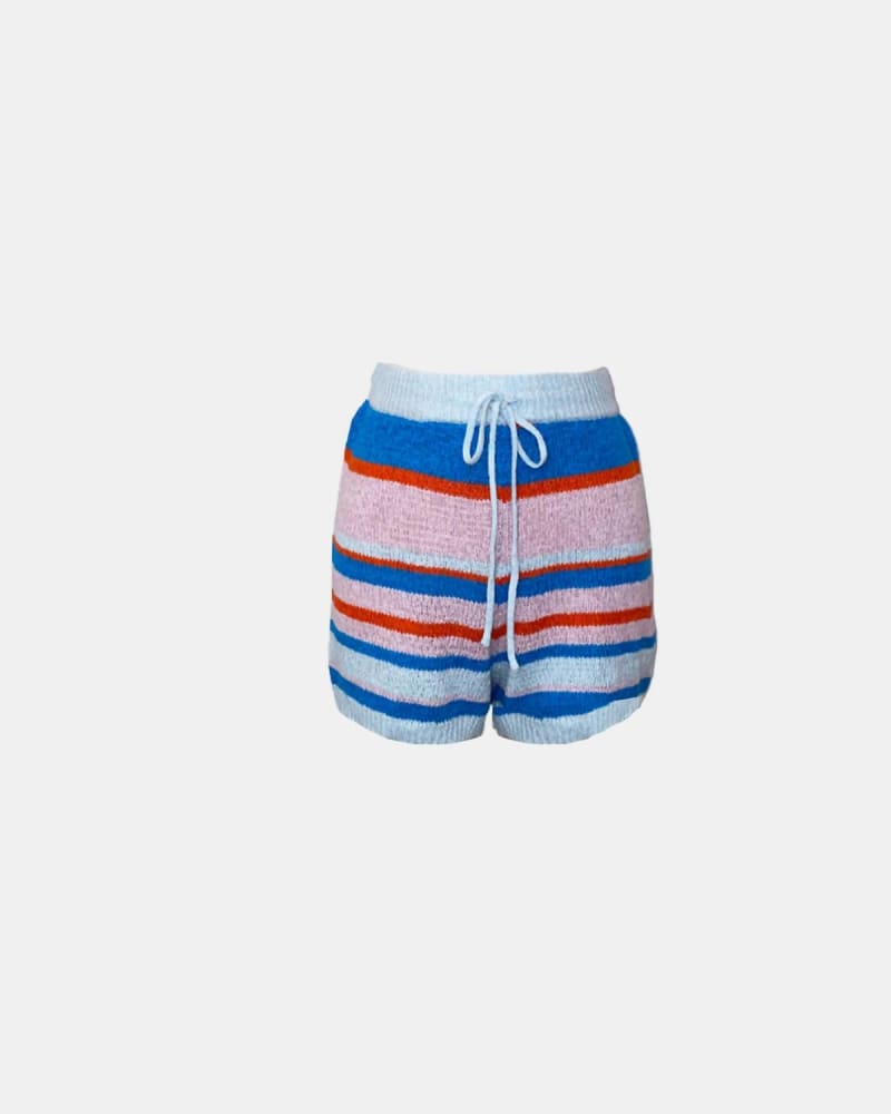 Front of a model wearing a size L Ivy Knit Shorts In Blue Stripes in Blue Stripes by ALLISON NEW YORK. | dia_product_style_image_id:347641